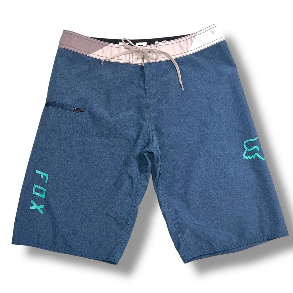 Fox Mens Board Shorts Swimsuit Swimming Trunks Tie Front Zip Pocket Blue Sz 32